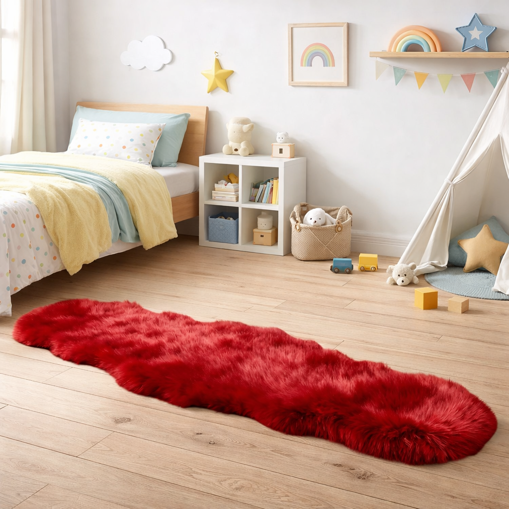 Red faux fur rug on a wooden floor in a child's bedroom with toys and furniture.