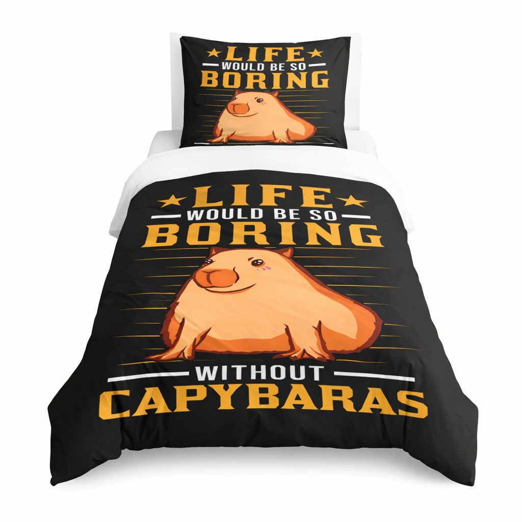Bedding set with capybara design and text on a black background