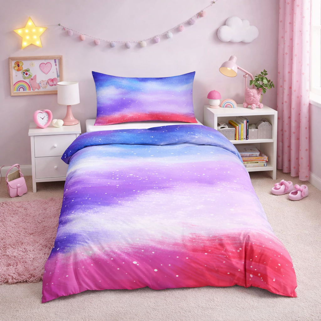 Starry cloud multicoloured duvet set in a girls bedroom scene