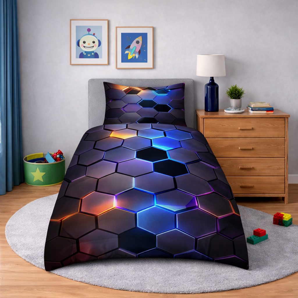Geometric duvet cover and pillowcase in a kids bedroom setting
