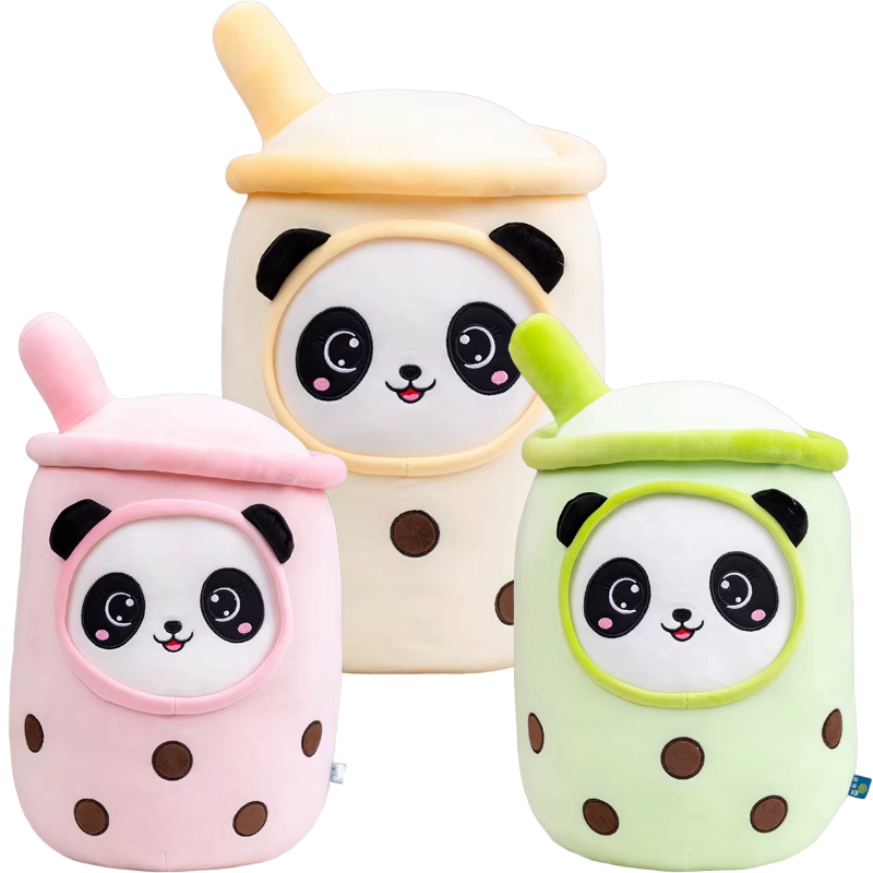 Group of panda bubble tea plush toys in yellow, green, and pink colour options