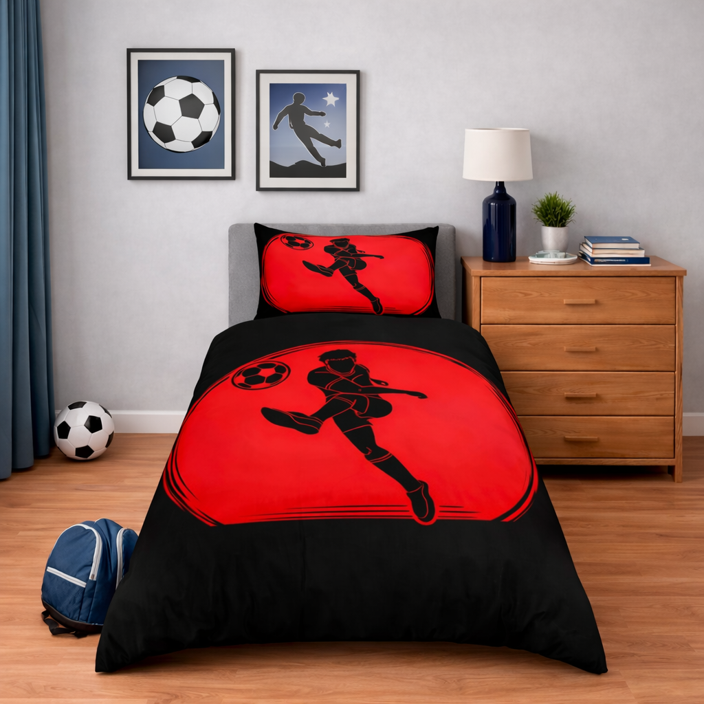 Bedroom with red and black sports-themed bedding, soccer ball decor, and wooden furniture.