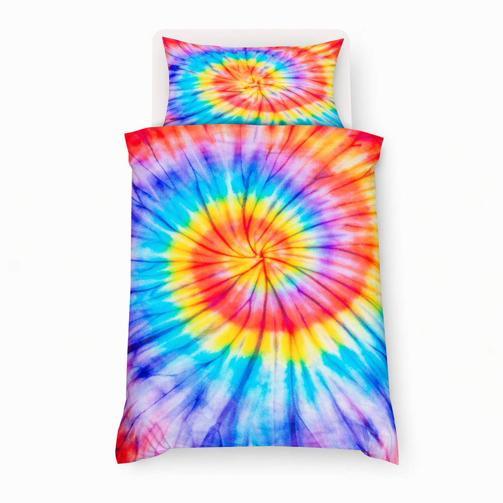 Tie-dye bedding set with a colourful spiral pattern on a white background