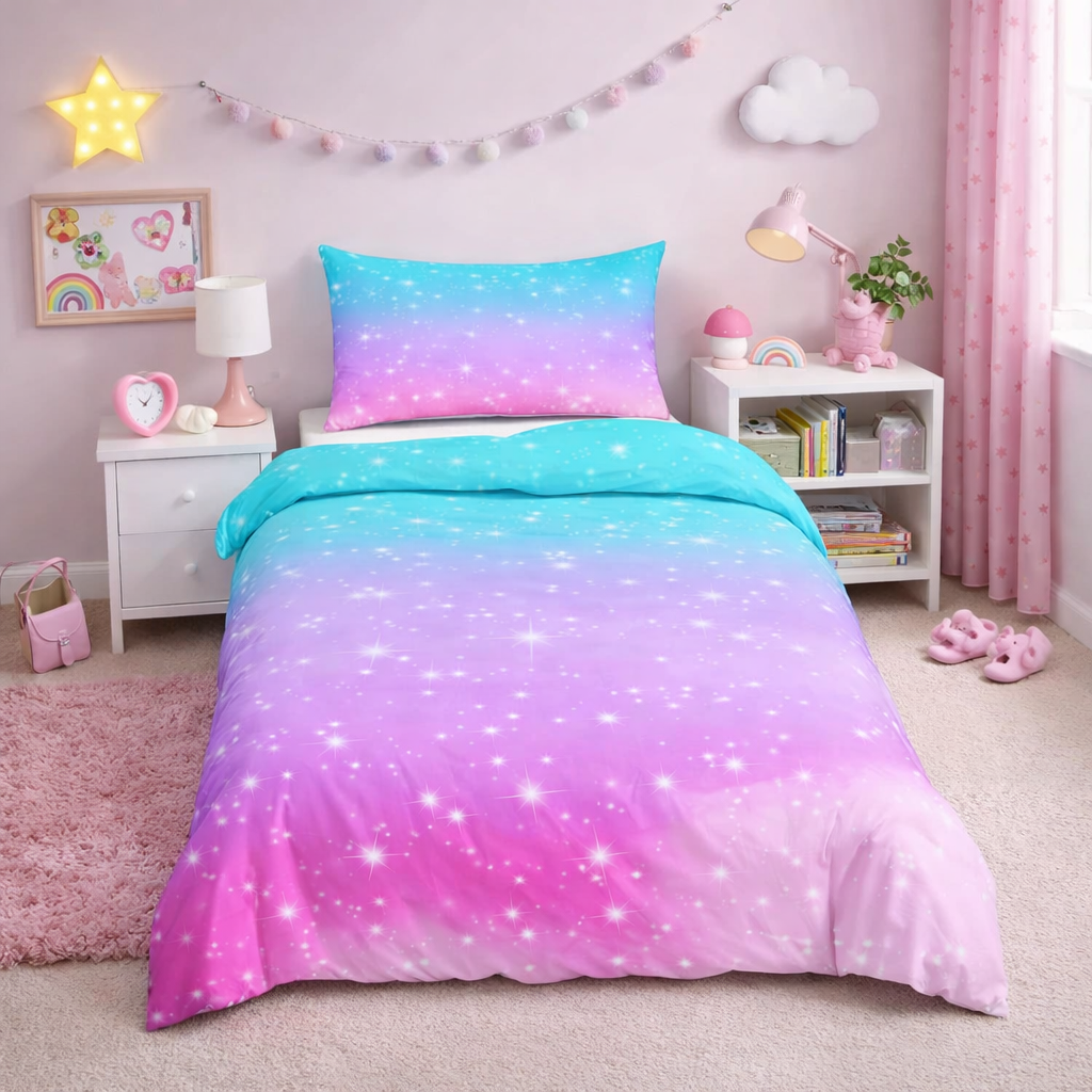 Pink and blue gradient starry design duvet set in a girls bedroom scene