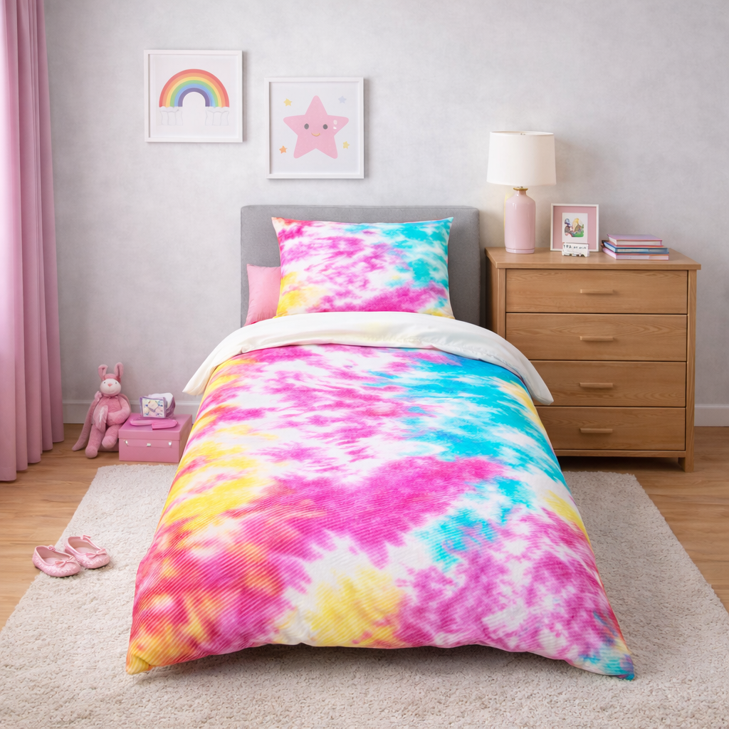 Colourful tie-dye bedding set on a bed in a child's room with a nightstand and decor.