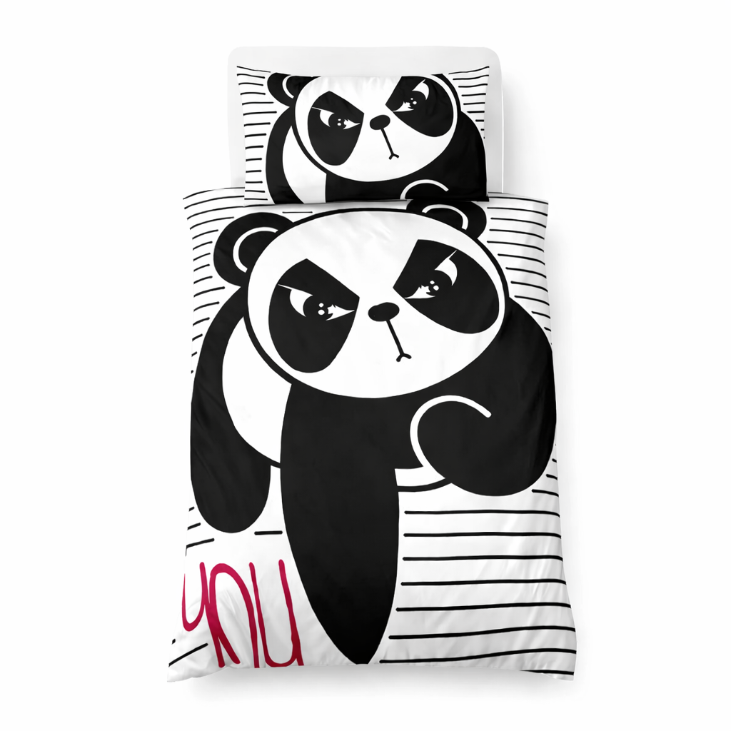 Angry panda duvet cover and pillowcase on a white background