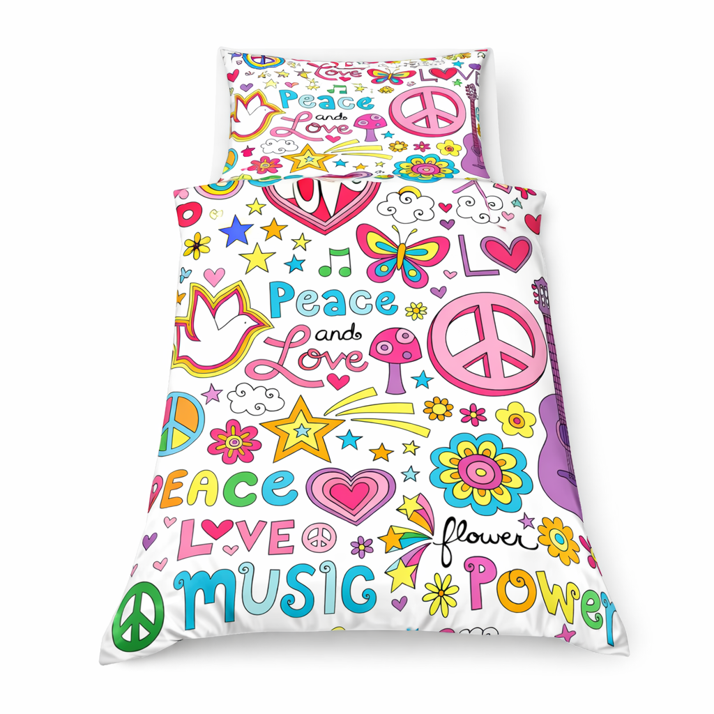Colourful 'Peace Love Music' bedding set with peace signs, hearts, flowers, and stars on a white background.
