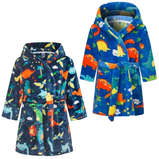 Two different dinosaur design bathrobes on a white background