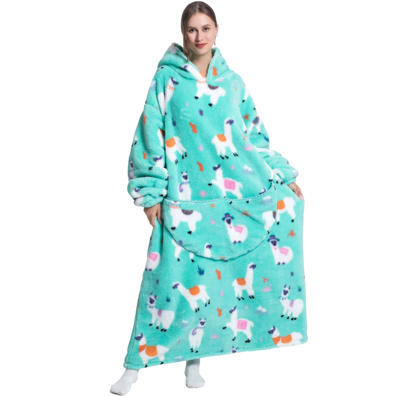Person wearing a teal hoodie with llama pattern on a white background