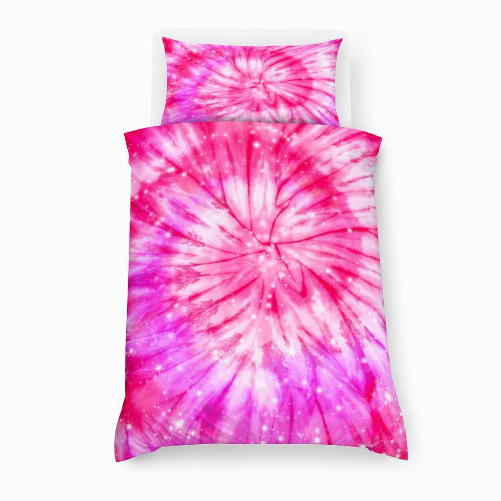 Pink and white tie-dye bedding set on a white background