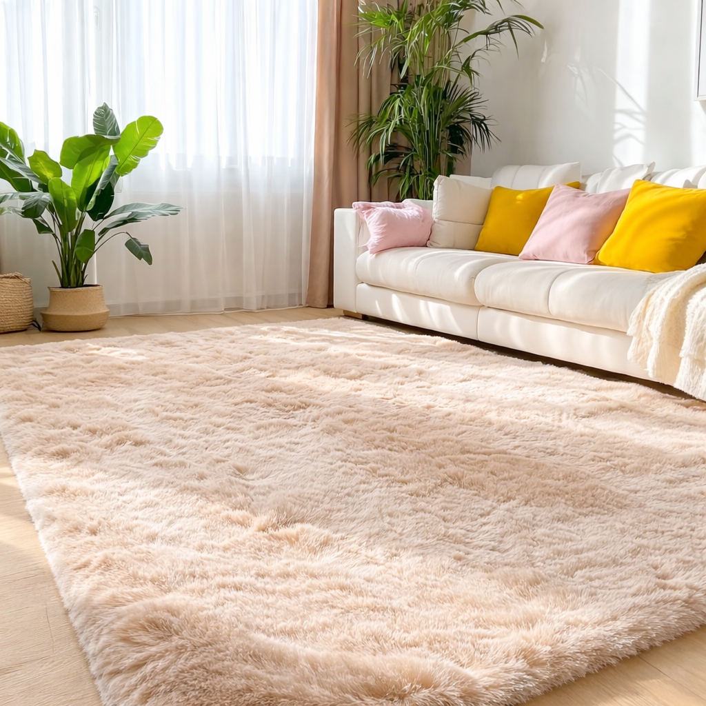 Beige shaggy rug in a living room with a white sofa, pink and yellow pillows, and plants.
