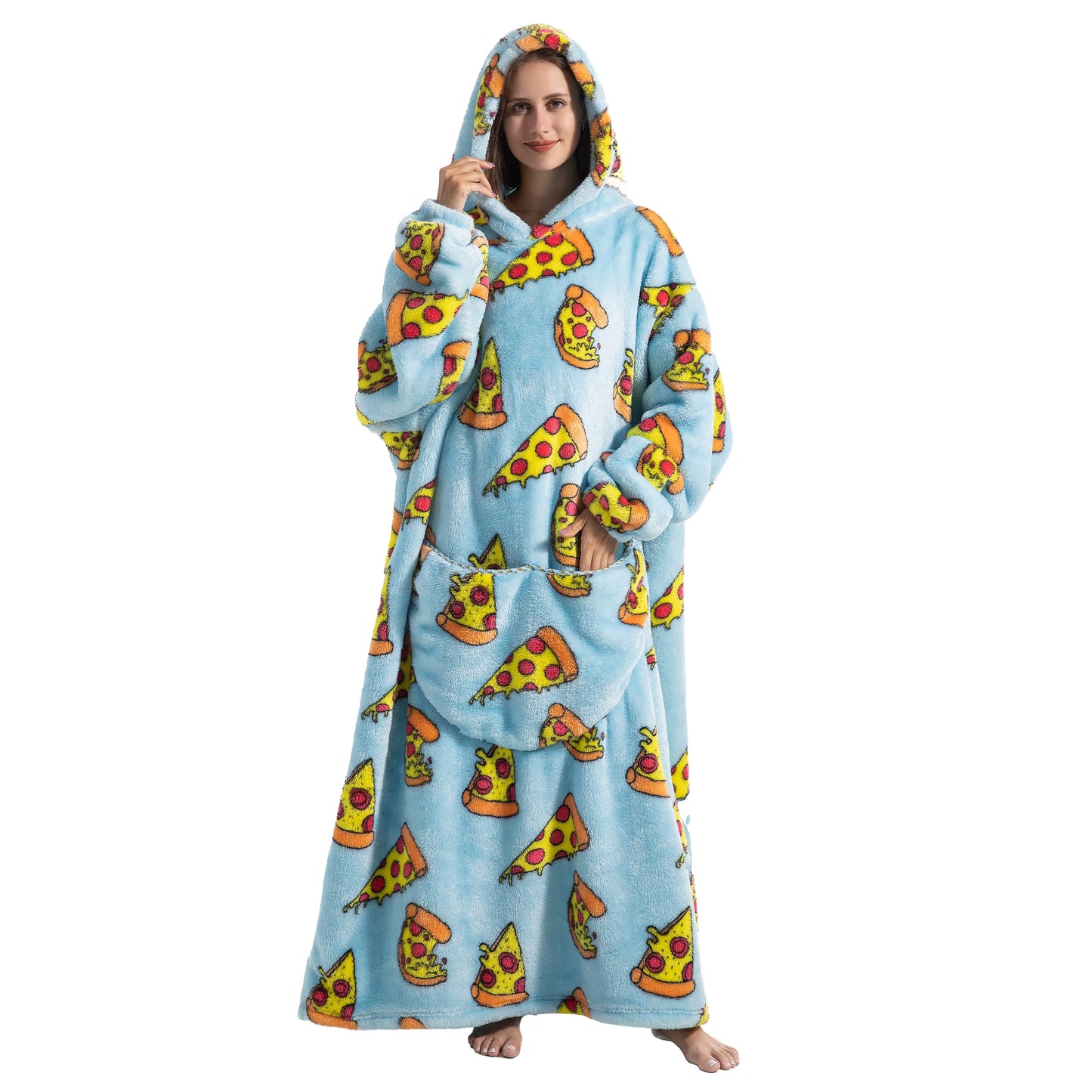 Person wearing a light blue hoodie with pizza pattern on a white background