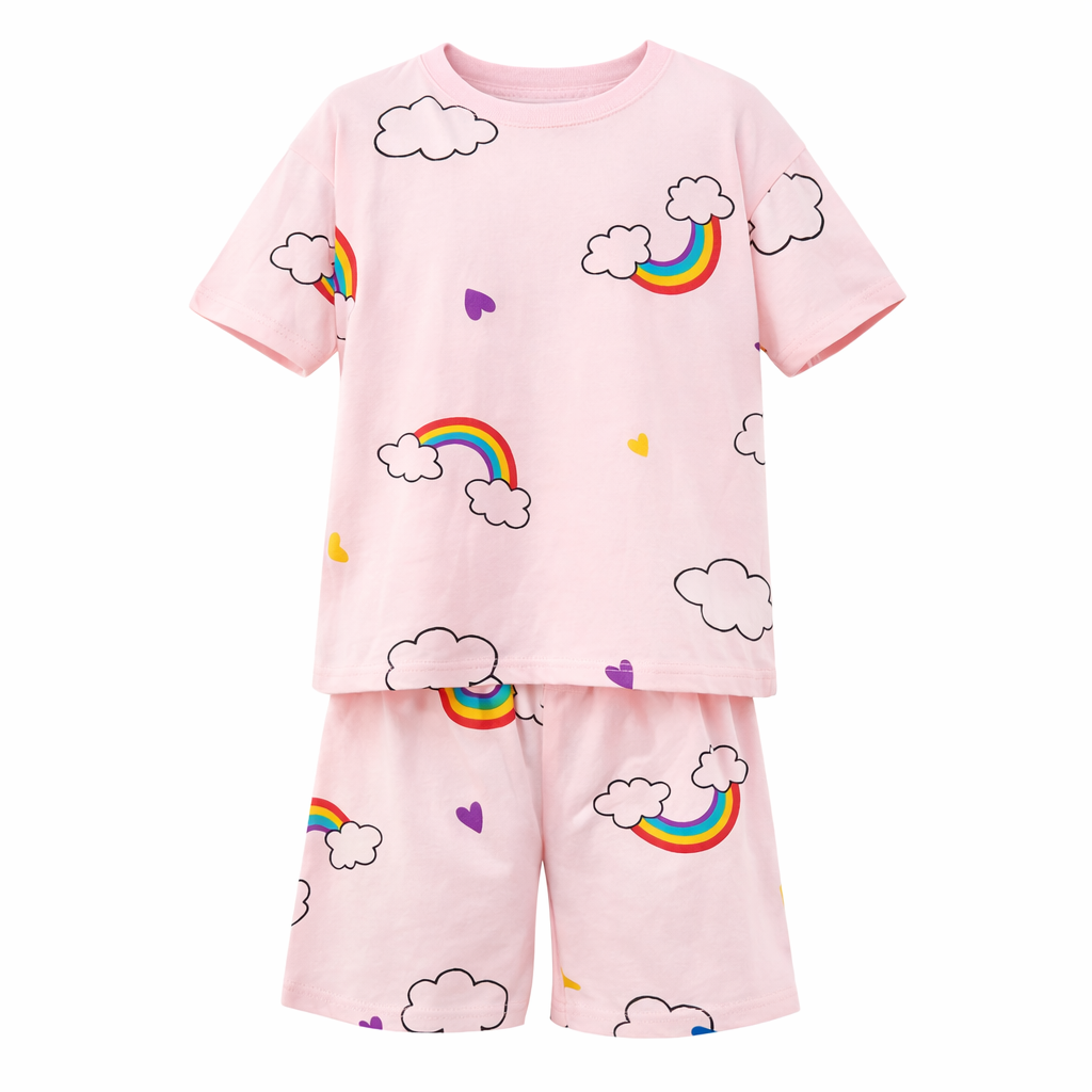 Children's pyjama set with rainbow and cloud patterns on a pink background