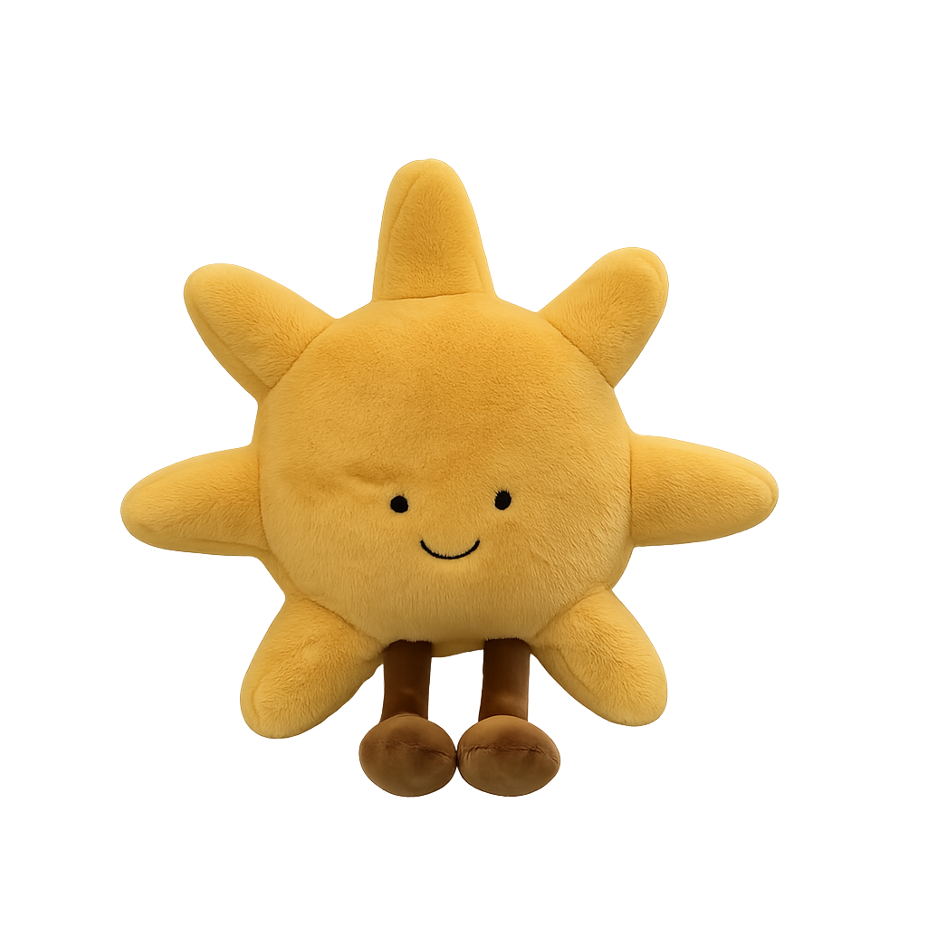 Sun plush toy with a smiling face and legs.