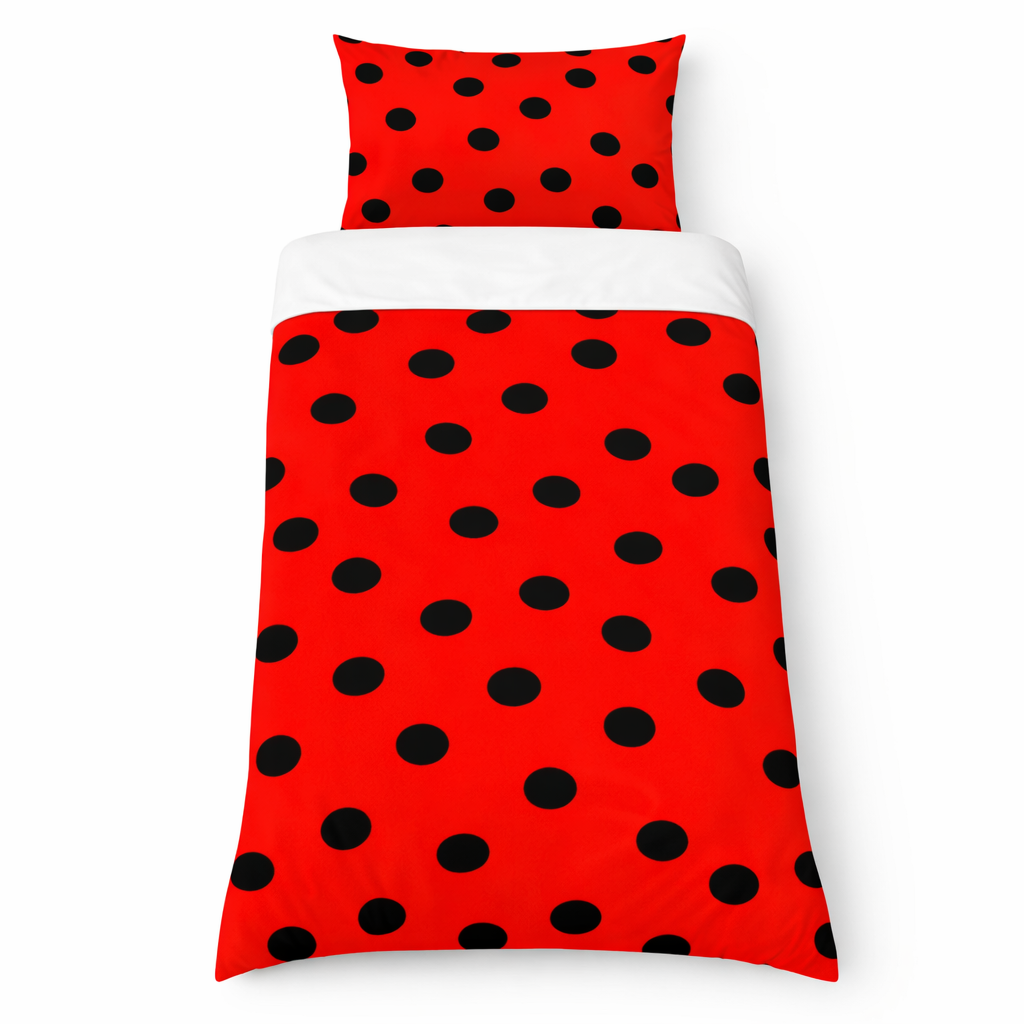 Red and black polka dot bedding set on a white background