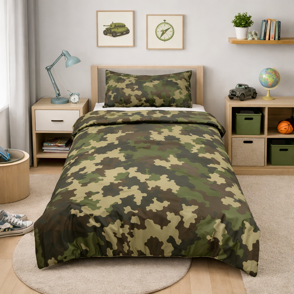 Bedroom with a bed covered in camouflage bedding, nightstands, and decor items.
