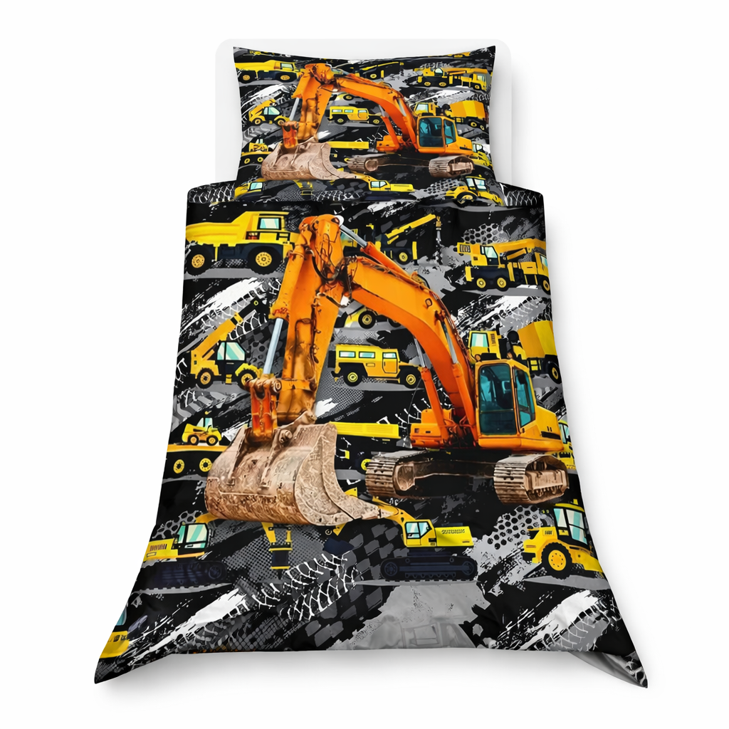 Construction vehicle-themed bedding set with excavator design on a black background