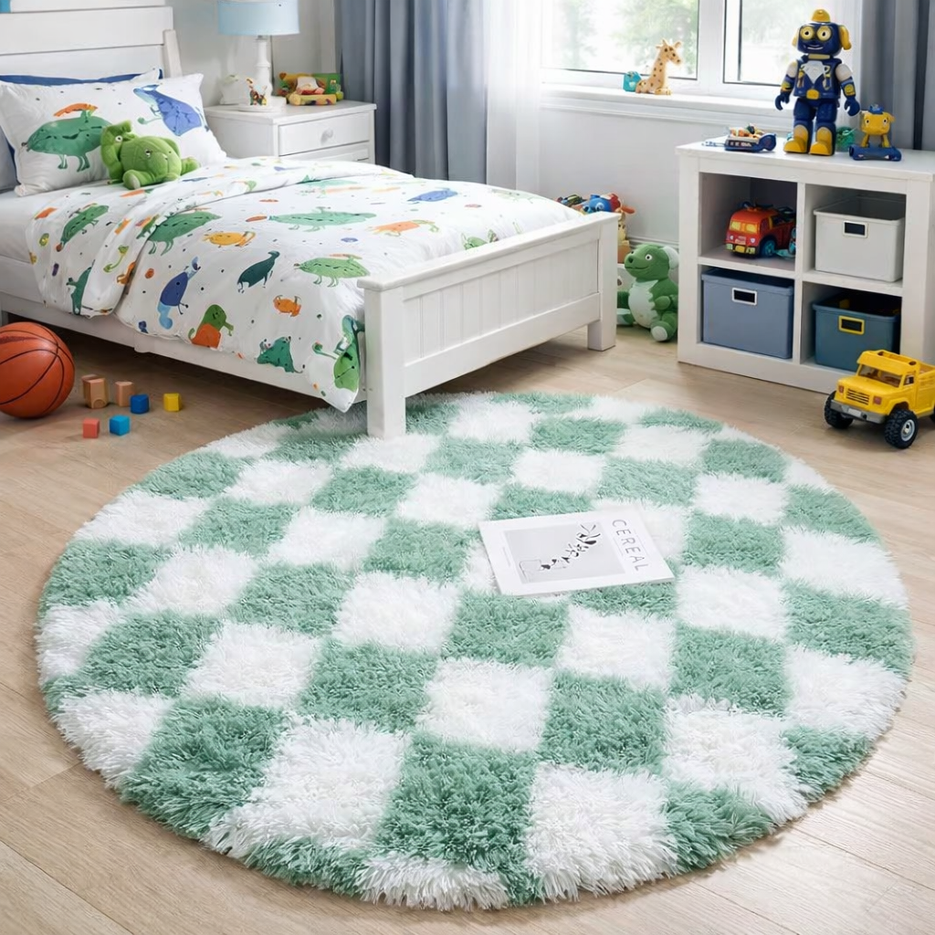 Children's bedroom with a green and white checkered rug, bed with themed bedding, and toys.