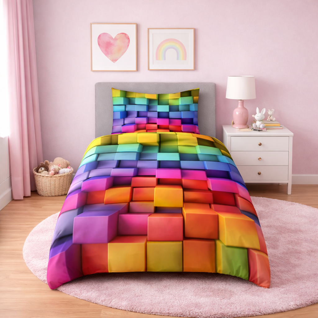 Colorful quilt set on a bed in a room with pink walls and decor.