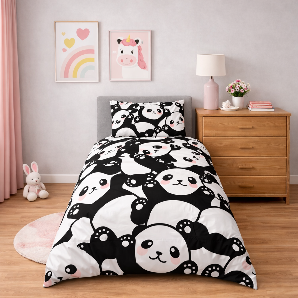 Bedding set with panda design in a bedroom setting