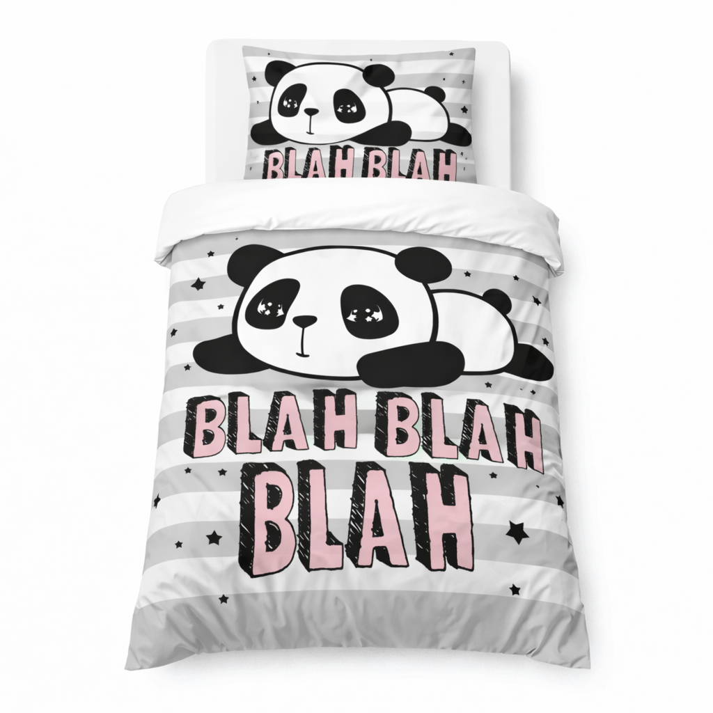 'Blah Blah Blah' panda design duvet cover and pillowcase on a white background
