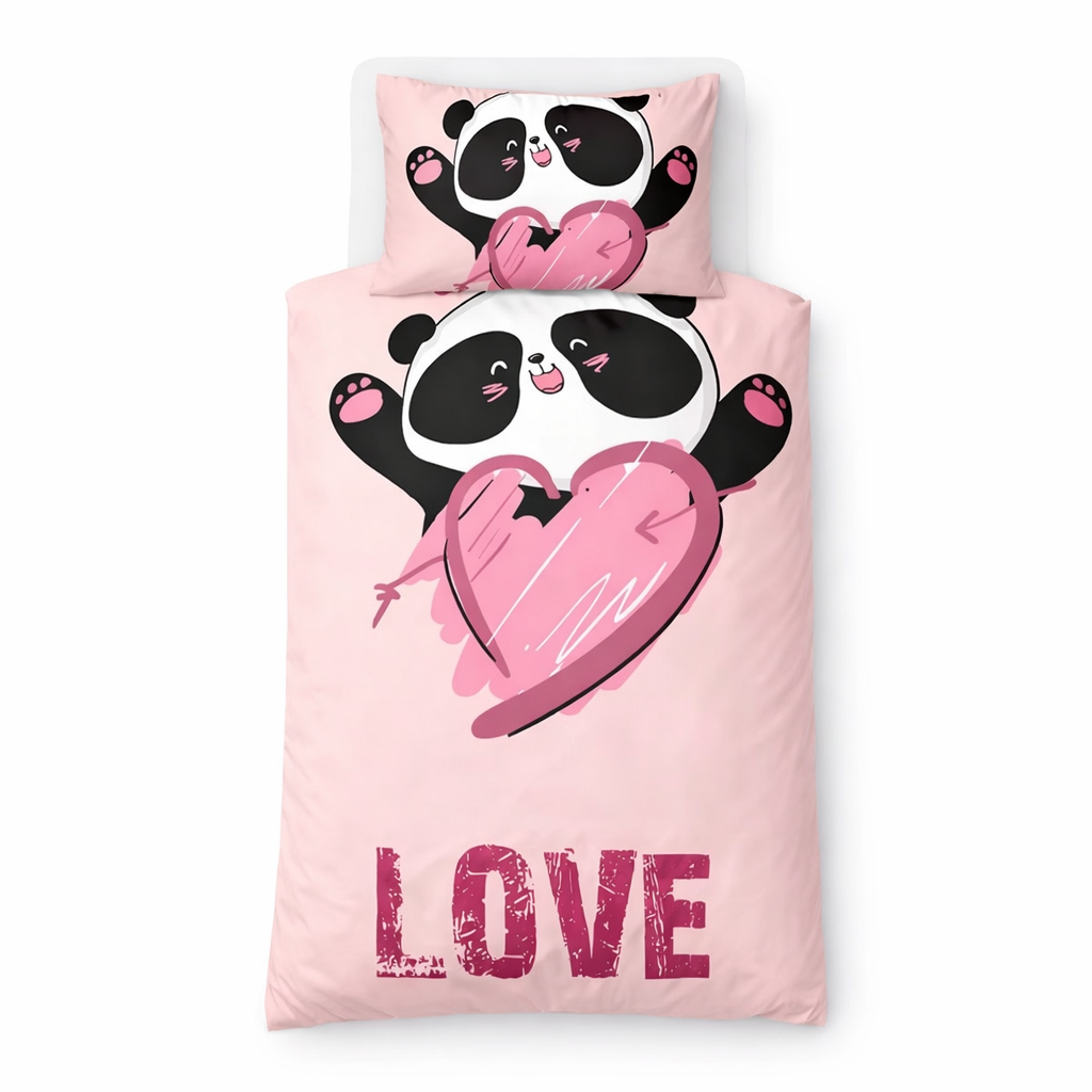 Bedding set with panda design and 'LOVE' text on a white background