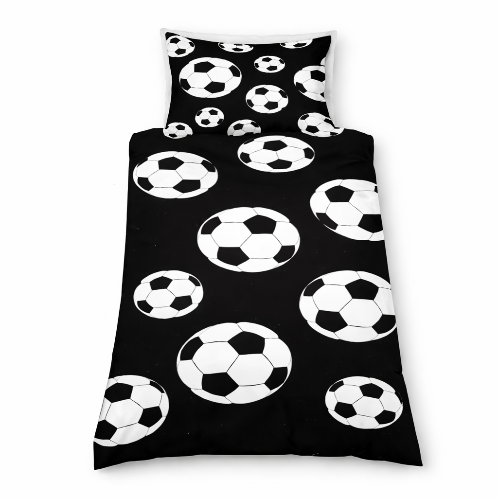 Black bed sheet with white soccer ball pattern on a white background