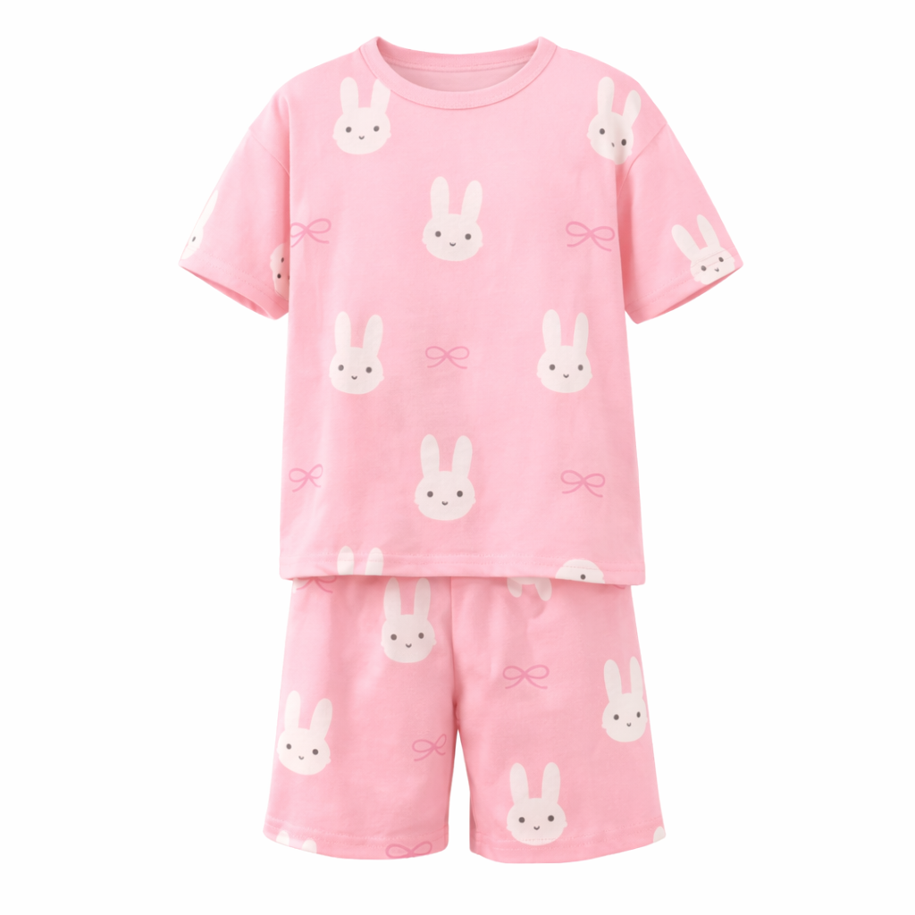 Pink bunny design 2 piece pyjama set on a white background
