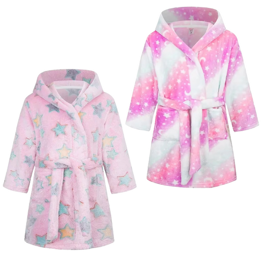 Two different girls pink star design bathrobe on a white background