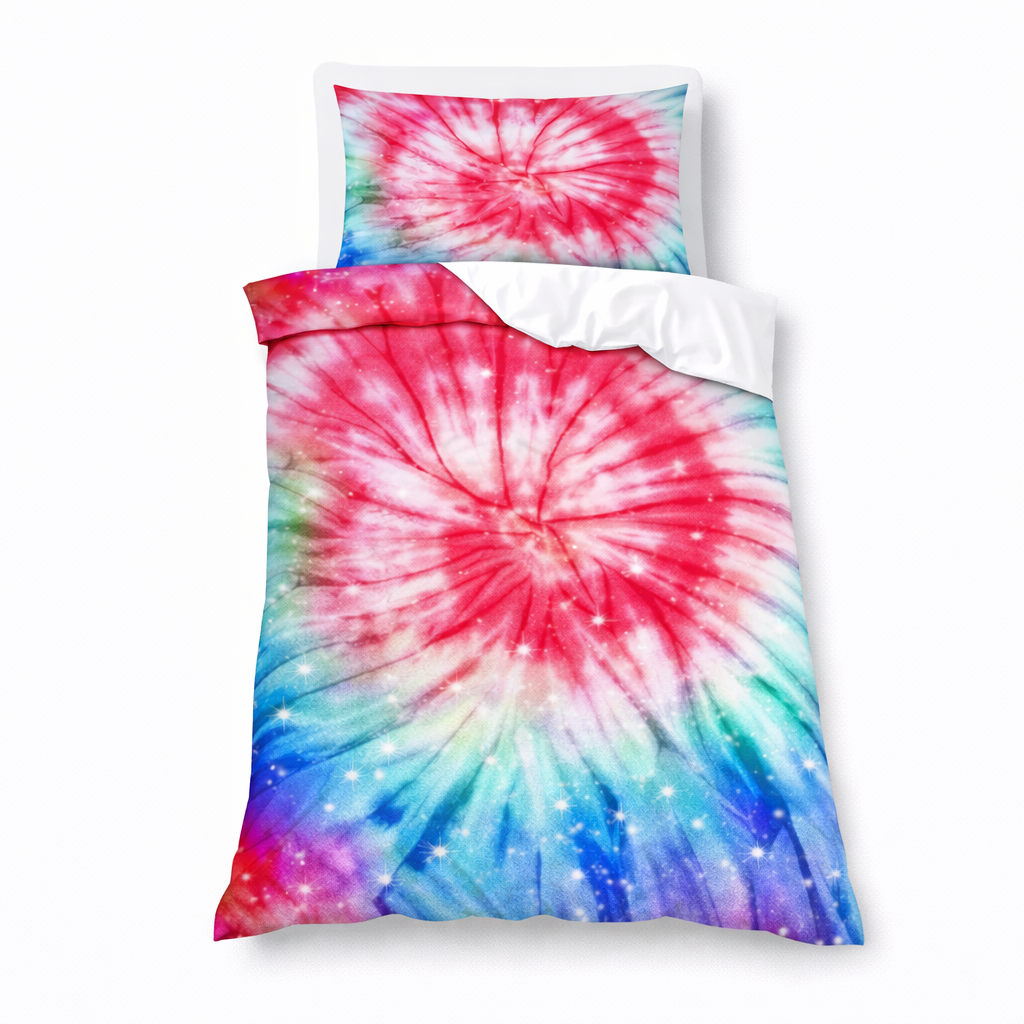 Tie-dye bedding set with a colorful spiral pattern on a white background