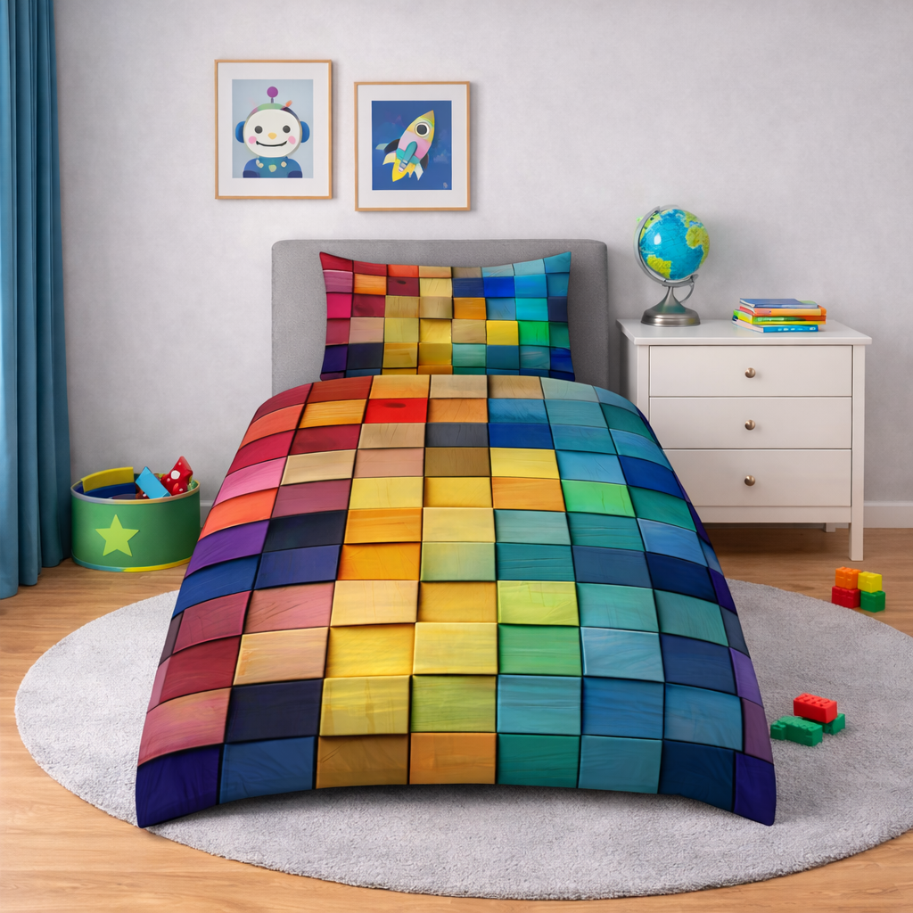 Colourful square block geometric pattern bedding set in a bedroom setting