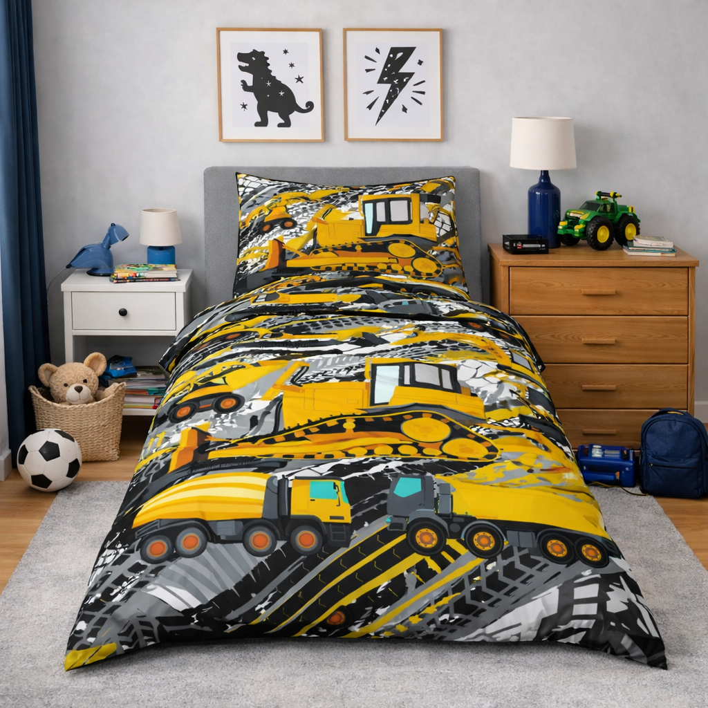 Children's bedroom with construction-themed bedding set on a bed