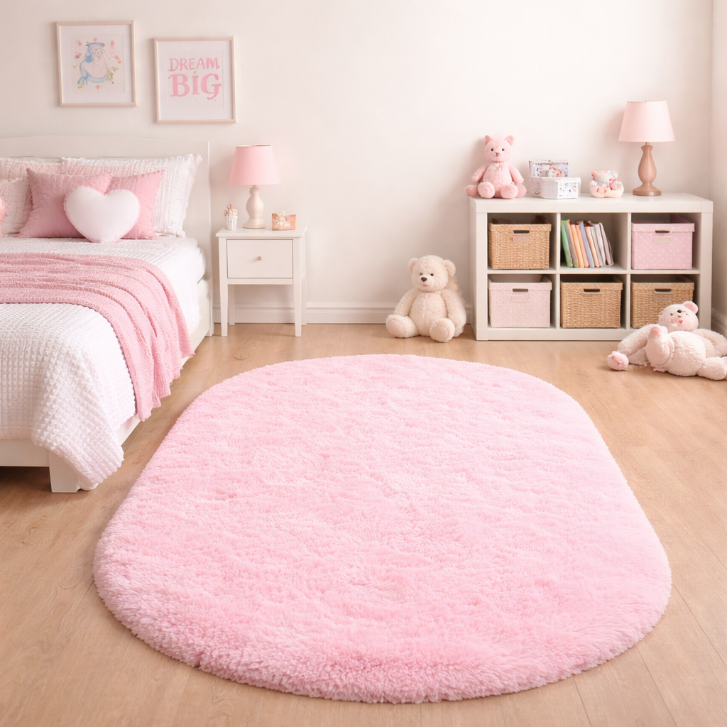 Light pink silky plush oval rug placed on a wooden floor in a softly styled room