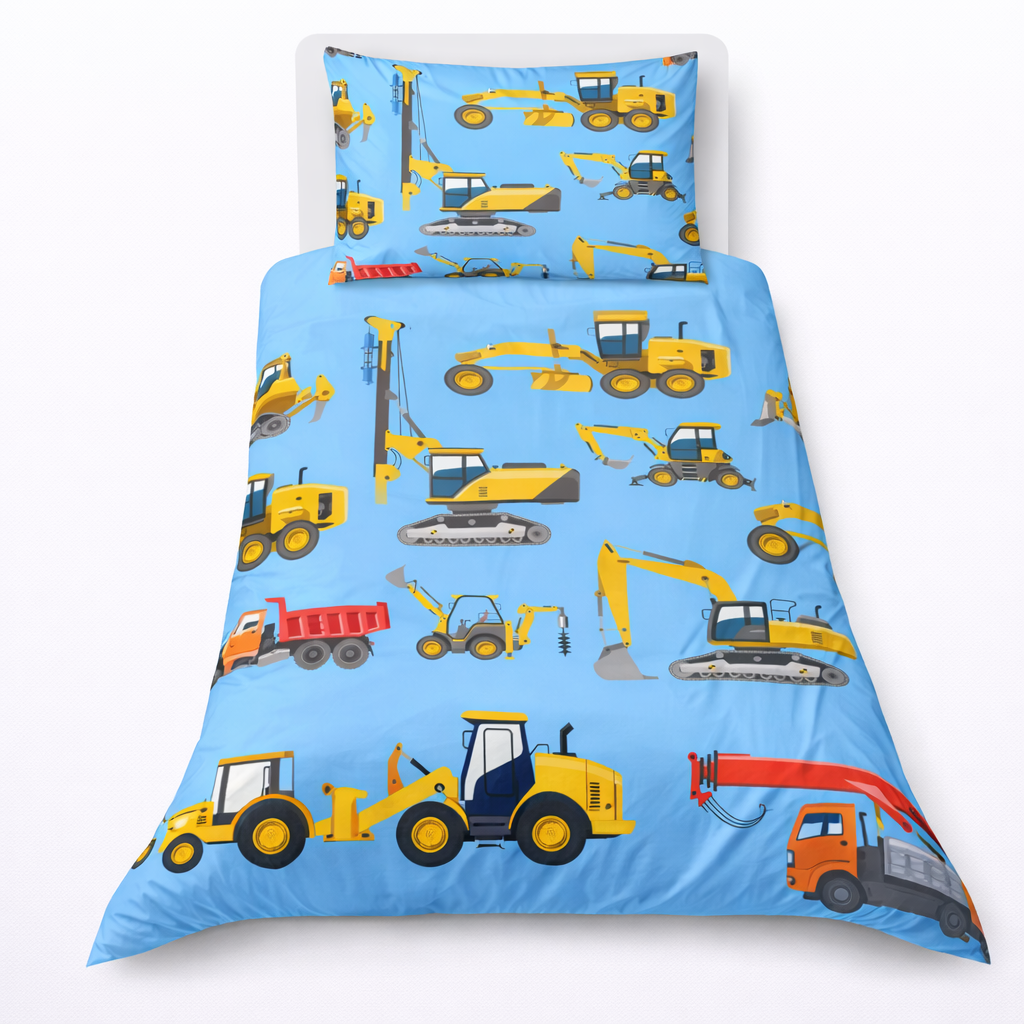 Children's bedding set with construction vehicle pattern on a blue background