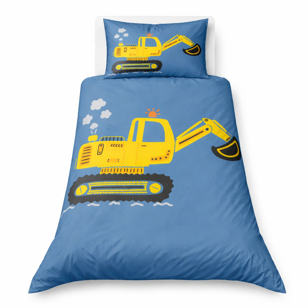 Children's bedding set with yellow excavator design on a blue background