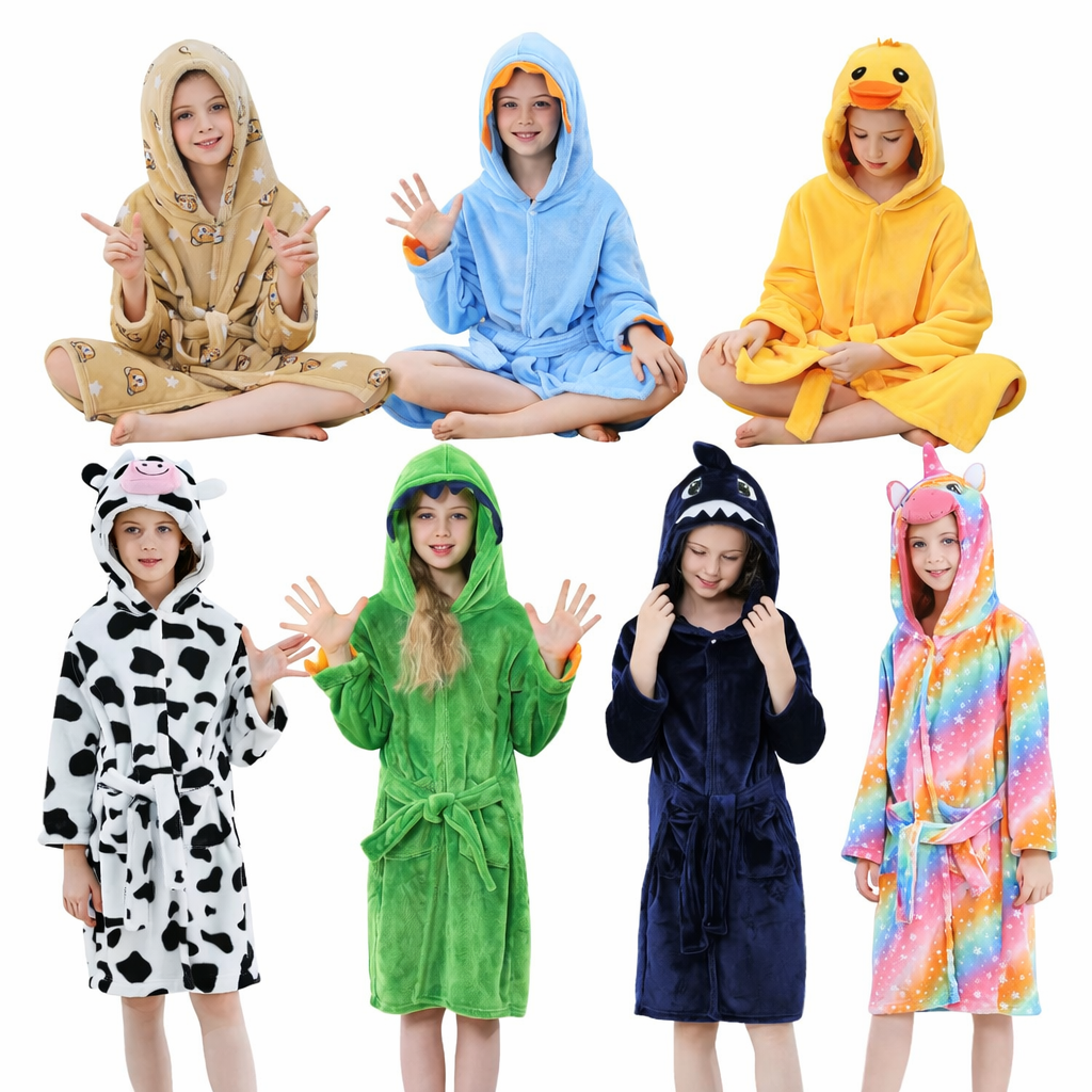 Children wearing animal-themed hooded flannel bathrobes in multiple colours, soft cartoon dressing gowns for kids