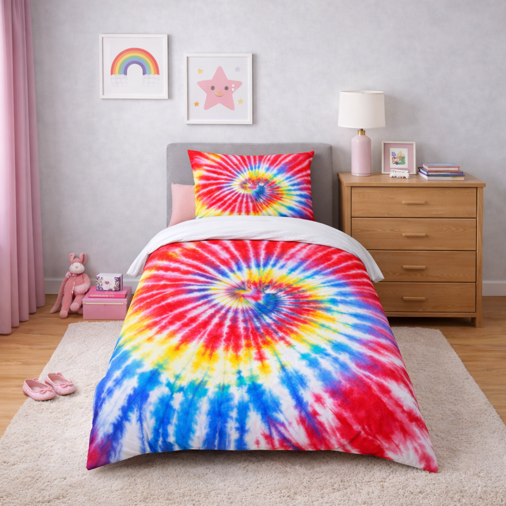 Tie-dye bedspread on a bed in a bedroom with decor elements.