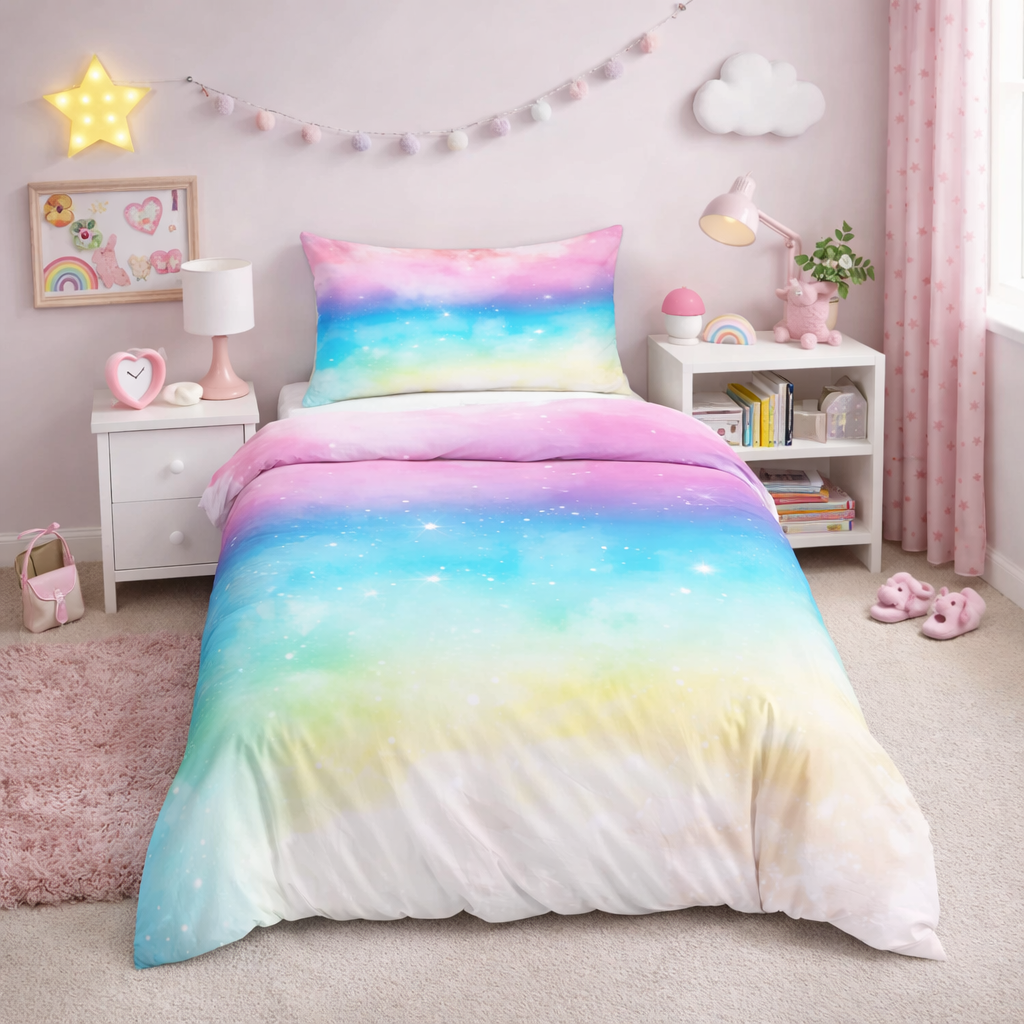 Pink, blue, and white coloured gradient duvet set with a starry design