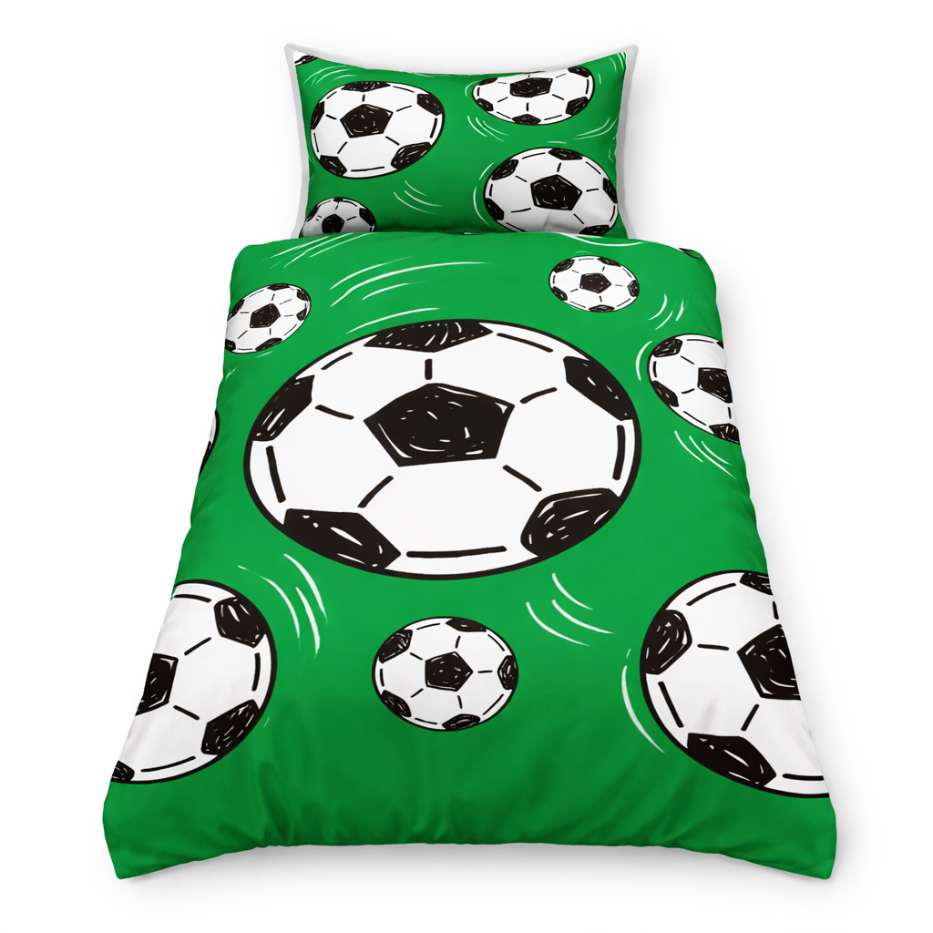 Green bedding set with soccer ball pattern on a white background
