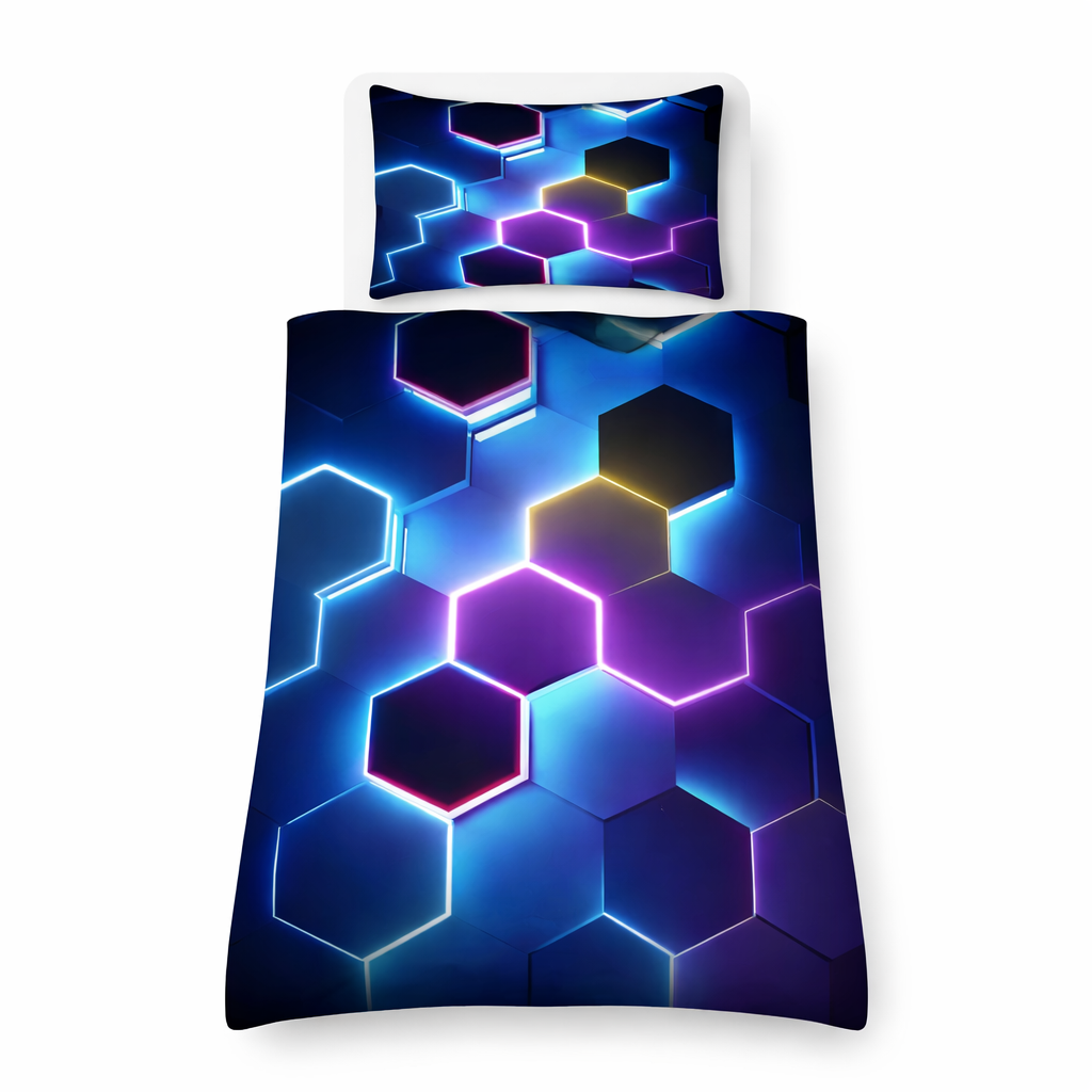 Neon hexagonal patterned bedding set on a white background