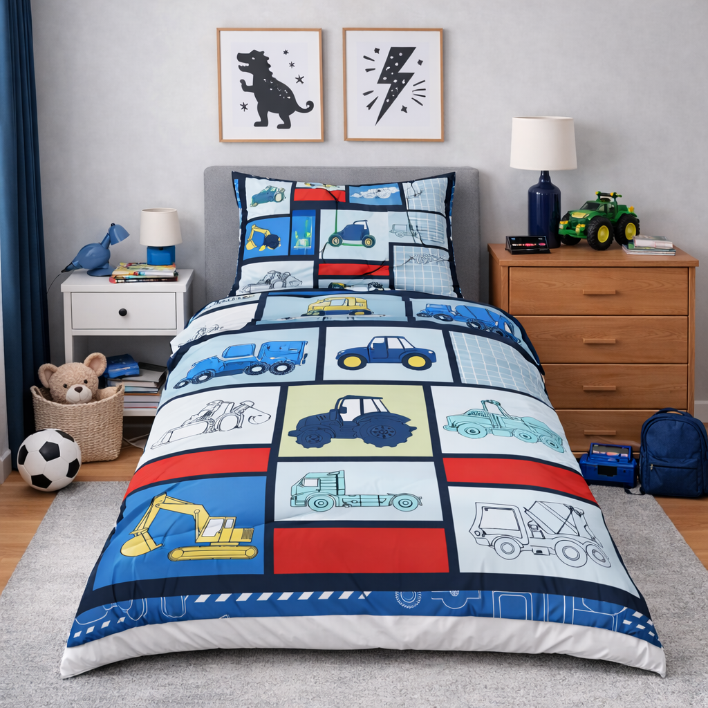 Children's bedroom with a colourful bedding set featuring vehicle patterns.