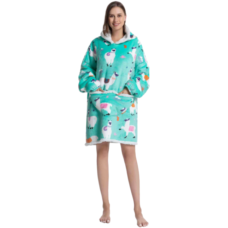 Woman wearing A green alpaca oversized wearable hoodie on a white background.