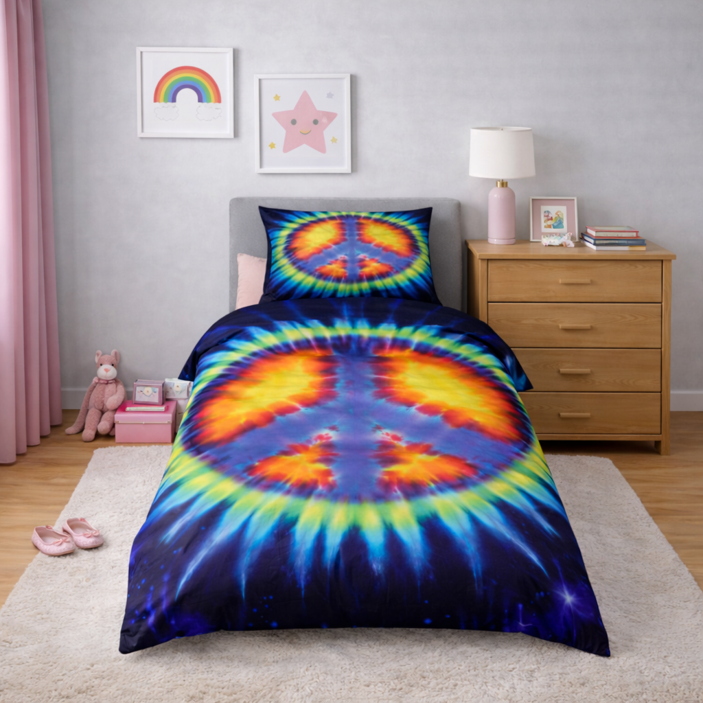 Tie-dye peace sign bedding set in a bedroom with a nightstand and decor.