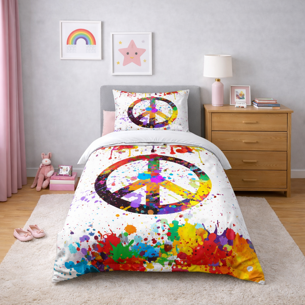 Bedroom with colorful peace sign bedding and rainbow decorations.