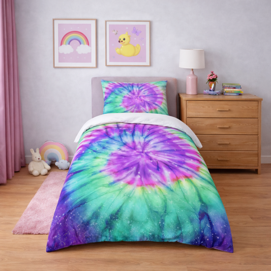 Tie-dye bedspread on a bed in a room with decor elements.