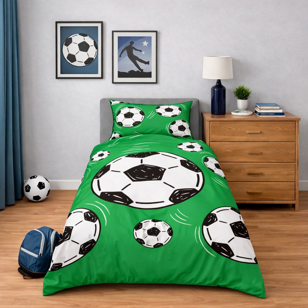Green soccer-themed bedding set on a bed in a room with a dresser and decor.