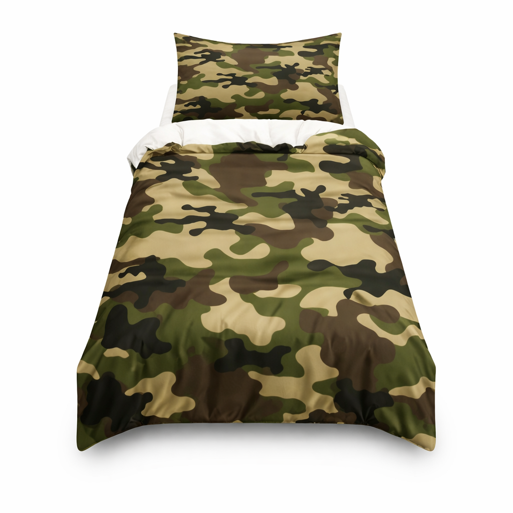 Camouflage bedspread and pillowcase set on a white background