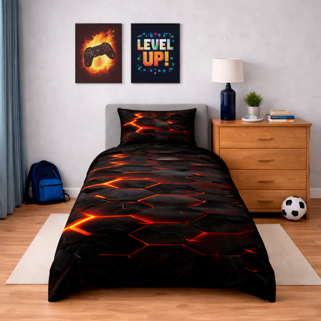 Black and red neon geo design bedding set in a bedroom setting