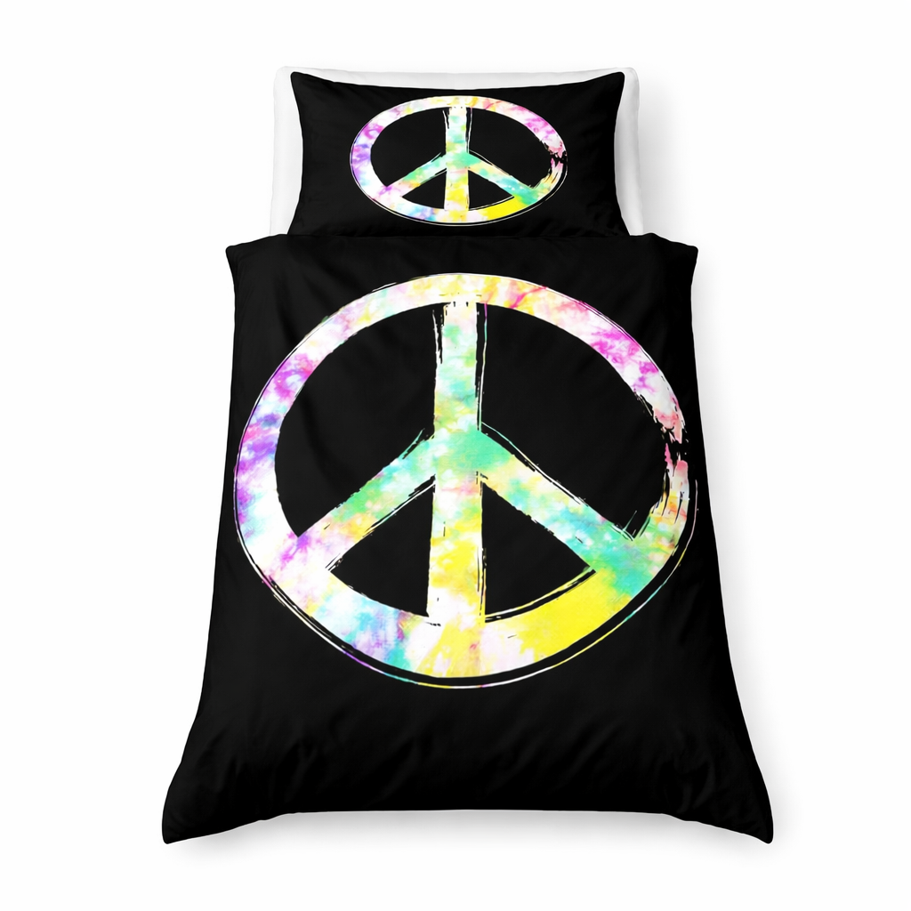 Black bedding set with colourful peace symbol on a white background