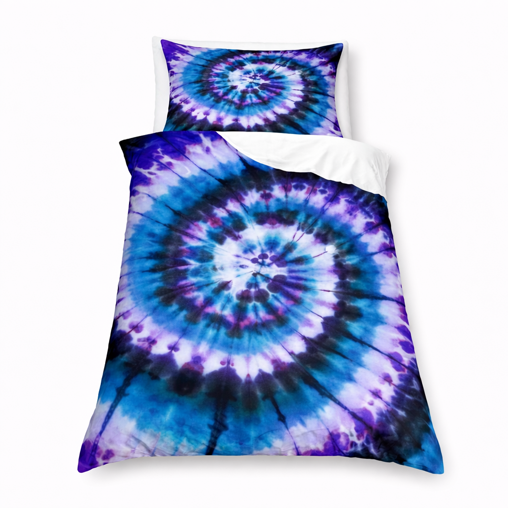 Tie-dye duvet cover set with spiral pattern on a white background